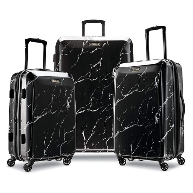 American Tourister Moonlight Hardside Expandable Luggage with Spinner Wheels, Black Marble, 3-Piece Set (21/24/28)