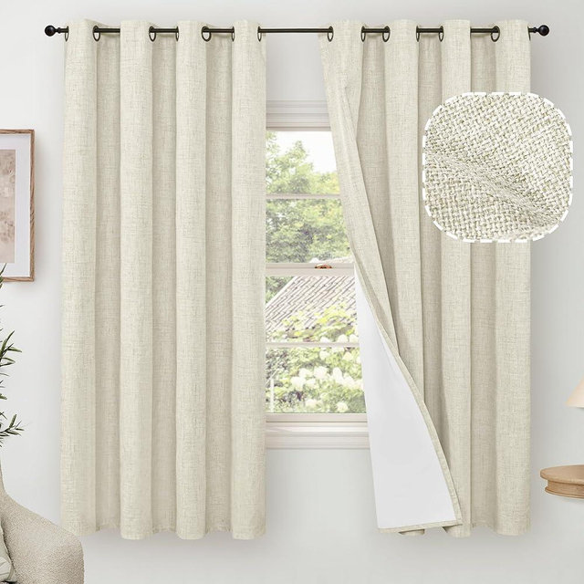 Lajode 100% Blackout Curtains for Bedroom 63 Inch Length 2 Panels, Thermal Insulated Complete Light Blocking Noise Reducing Linen Window Curtains for Nursery, Bronze Grommet, Each 52" Wide, Natural
