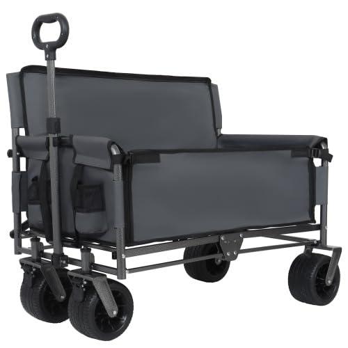 3-in-1 Convertible Folding Wagon Cart with Bench Seat & Storage - 500lbs Heavy-Duty Utility Wagon, 180L Capacity All-Terrain Wheels for Camping, Beach, Sports, Garden (Gray)