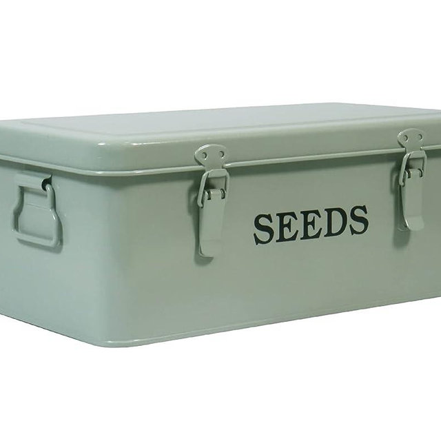 Xbopetda Seed Saving Box, Metal Seed Bin, Seed Storage Organizer Box, Seed Packet Container with Lid, Seed Envelope Storage Box, 4 Compartments Garden Seed Bin with Safety Locks-Grayish Green