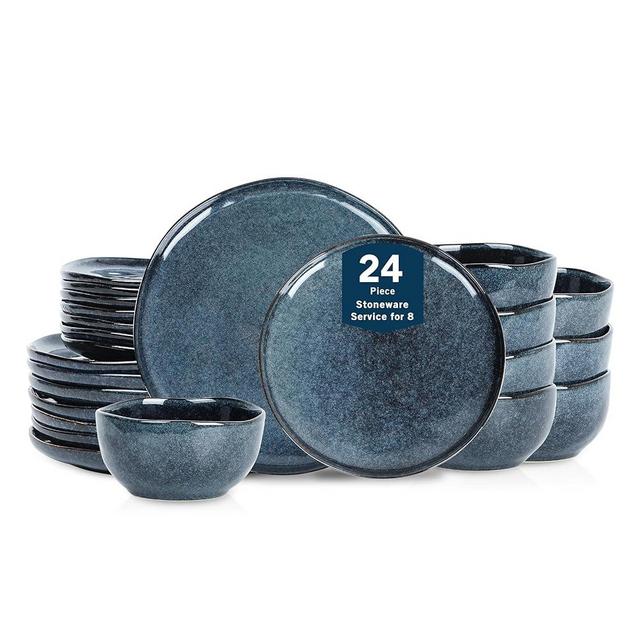 Stone Lain Mirella 24-Piece Stoneware Dinnerware Set, Service for 8 – Reactive Glaze, Deep Blue – Includes Dinner Plates, Salad Plates, and Bowls – Modern Organic Design