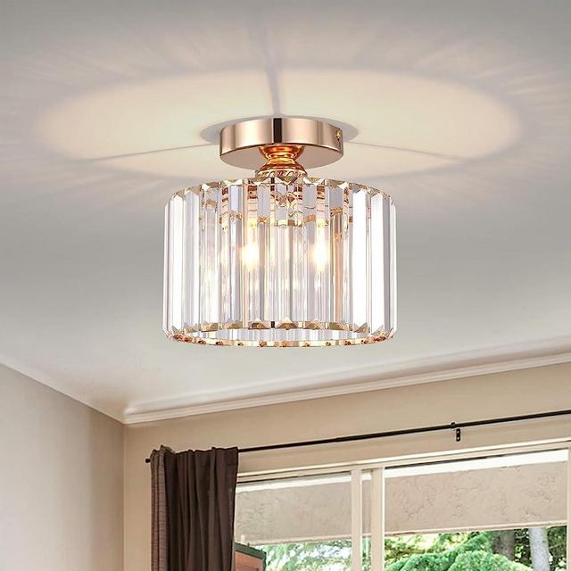 BUXVRCS Semi Flush Mount Ceiling Light, Modern Chandelier Crystal Ceiling Light Fixture,Small Close to Ceiling Light for Living Room Bedroom Hallway Bathroom Kitchen Entryway with E26 Base (Gold)