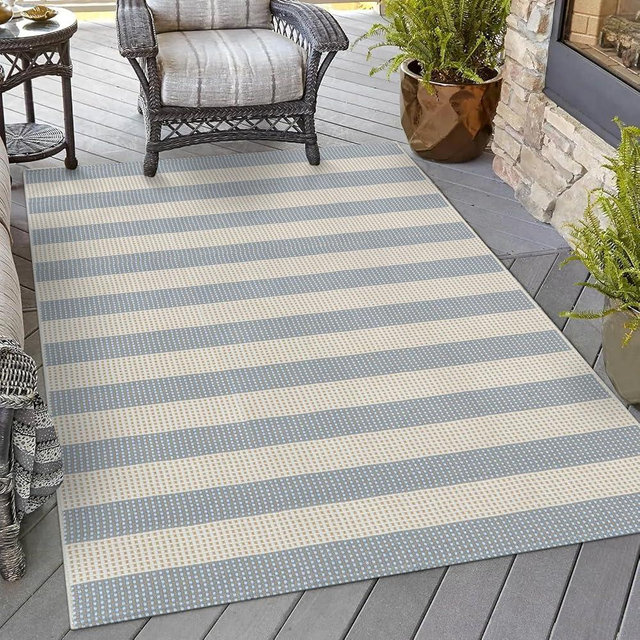 OJIA Washable Area Rugs 4'x6', Blue and White Striped Outdoor Rug Cotton Woven Entryway Rugs Indoor Patio Rugs Carpet Large Area Rugs for Bedroom/Porch/Deck/Backyard/Camping/Living Room