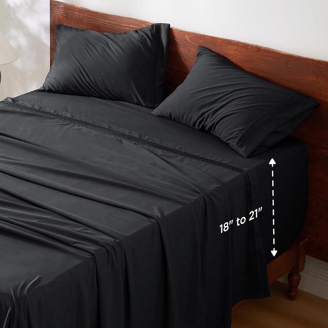 Bedsure Deep Pocket King Sheets Set - Fits Mattresses Up to 21" Thick, 4 Piece Air Mattress Sheets with Deep Pocket, Moisture Wicking Soft Cooling Bedding Sheets & Pillowcases, Black