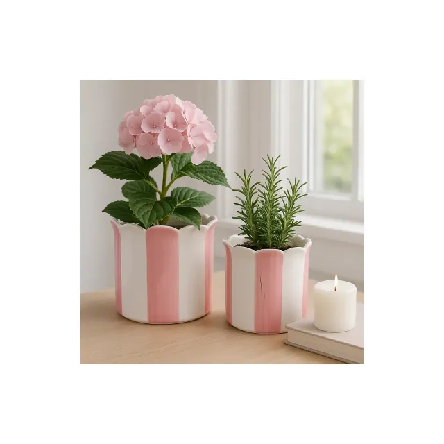Decorative Striped Scallop Edge Planters - Whimsical Garden, Home Decor, and Living Room Pots for Plants - Set of 2 - 7", 6", Pink & White