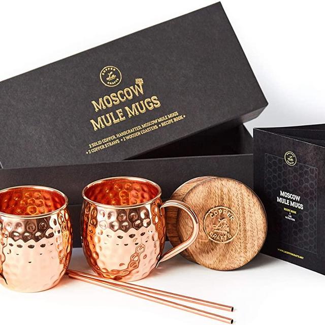 Moscow Mule Copper Mugs Set - 2 Authentic Handcrafted Copper Mugs (16 oz.), 2 Straws, 2 Solid Wood Coasters and Recipe Book - Gift Box Included