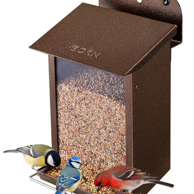 iBorn Bird Feeder for Outdoors, Wall Mounted Bird Feeder Weatherproof Metal Roof, Heavy Duty Metal Birdfeeder for Tree, Fence, Wall Screwed-in Mounting, All Detachable Easy Clean,1.3Lbs, Coffee