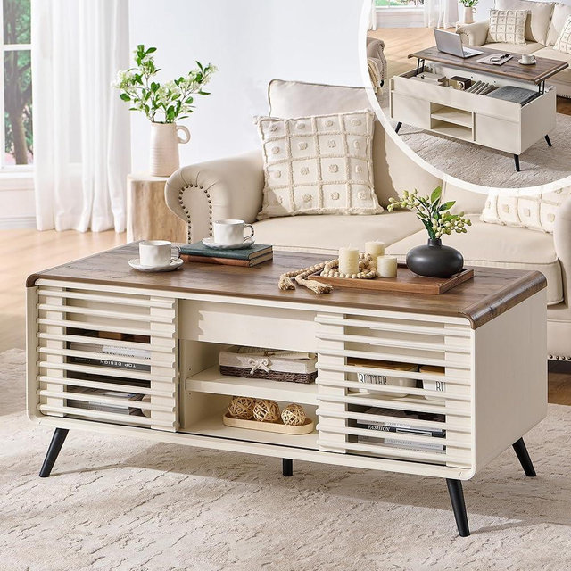 OKD Lift Top Coffee Table w/Sliding Slatted Door, 48" Mid Century Modern Wood Center Table w/Hidden Storage Compartment & Adjustable Shelf, Lift Tabletop Dining Table for Living Room, Antique White