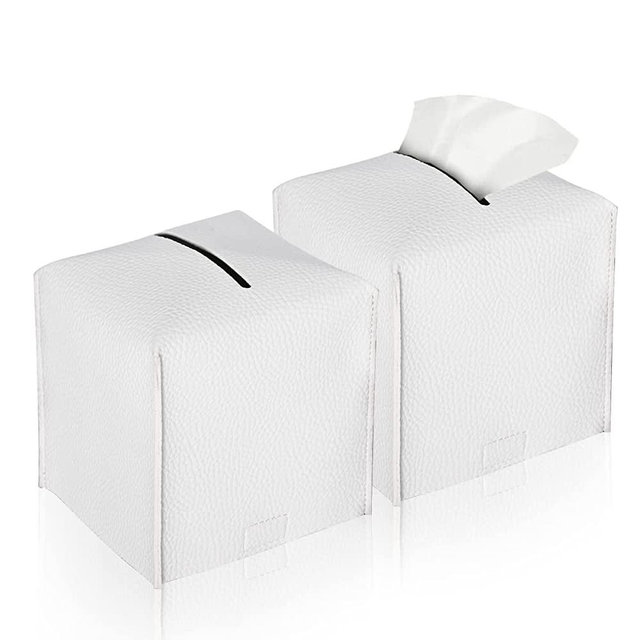 HOMOTEK 2 Pack Tissue Box Cover, Square PU Leather Tissue Box Holder, Decorative Facial Tissue Cube Paper Organizer Dispenser for Bathroom, Vanity Countertop, Night Stands, Desk, Car 5X5X5'' - White