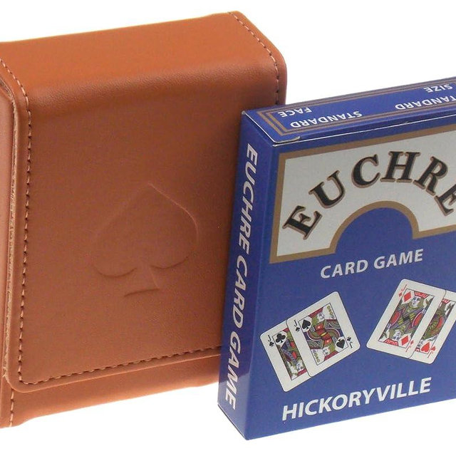 Hickoryville Euchre Playing Cards - 2 Euchre Decks in 1 Box Bundled with Tan Leather Storage Case