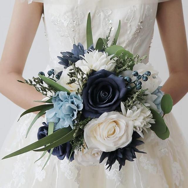 S_SSOY Wedding Bouquet for Bride Bridesmaid Navy Blue Silk Rose Bouquet for Wedding Party Prom Decoration