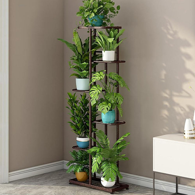 BouPower Metal Plant Stand, Indoor & Outdoor 6 Tier 7 Potted Plant Shelf, Corner Plant Stand, Tiered Plant Stands for Living Room, Office, Garden, Patio, Balcony, Bronze Gold