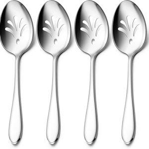 Stainless Steel Slotted Serving Spoons, E-far 4-Piece Metal Tablespoons Hostess Serving Utensils Set for Catering Buffet Party Kitchen Restaurant, Dishwasher Safe