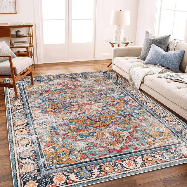 CHAMPLANT Washable Area Rug 8'x10' Boho Chic Medallion Distressed Design Non-Shedding Easy Care Ideal for High Traffic Areas in Living Room Bedroom Office Coffee Table Large Carpet