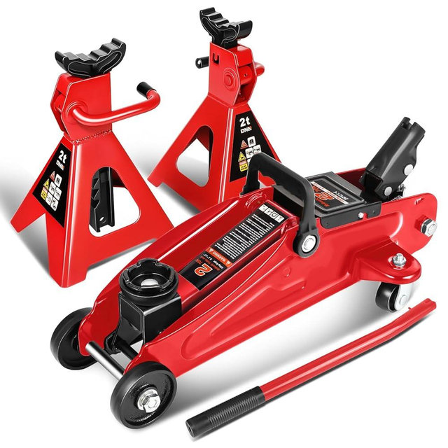 DNA MOTORING Low Profile Hydraulic Trolley Service/Floor Jack Combo with 2 Ratchet Jack Stands, 2 Ton (4000 lbs) Capacity,Red, TOOLS-00476-RD