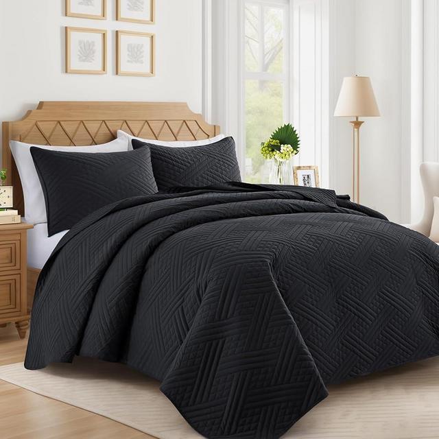 Lavsiry Black Quilt Queen Size with Striped Pattern, Lightweight Soft Summer Thin Microfiber Bedspread & Coverlet Bedding Set for All Seasons - 3 Piece(1 Quilt, 2 Pillow Shams)