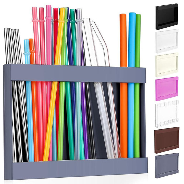 Qinyoung Acrylic Straw Holder for Cabinet Door with Double Sided Adhesive Tape Reusable Straw Organizer Tumbler Storage Kitchen Accessories Container for Counter Cupboard(Classic,Large,Grey)