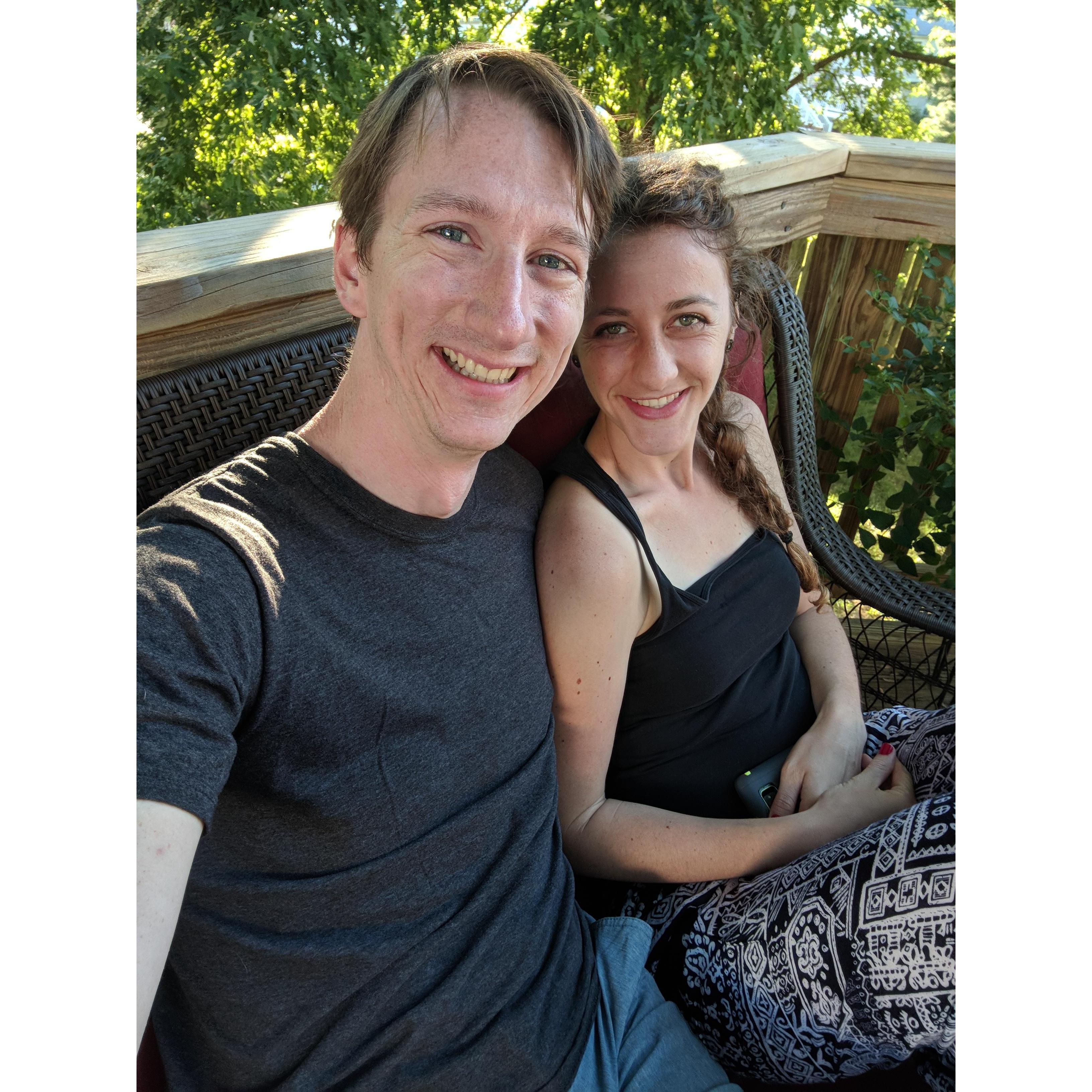 Enjoying the summer weather on the deck at Cat's parent's house.
