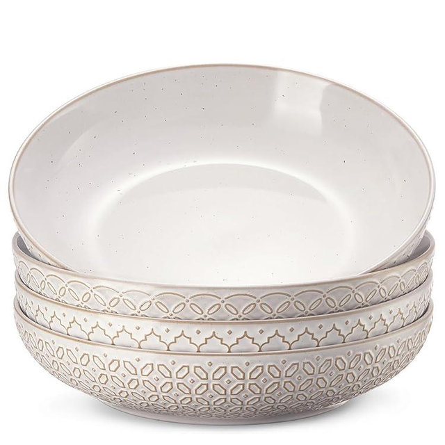 DOWAN 9.75" Pasta Bowls, 45 oz Large Salad Bowls Ceramic Serving Bowls for Dinner Wide & Shallow Bowls Set of 4, Dishwasher & Microwave Safe, House-warming Wedding Gift