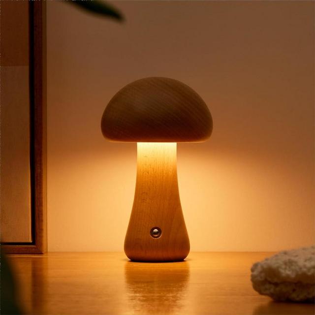 Lalavon Wooden Mushroom Lamp, Portable Cordless Small Lamp, Rechargeable Battery Operated Lamp, 3 Colors Stepless Dimming, Night Light for Bedroom/Dining Table（Beech/6.5" H）