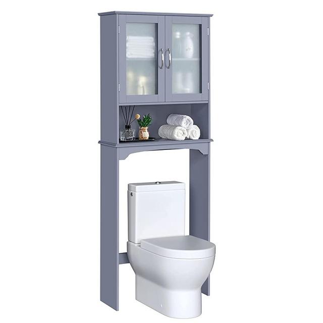 Topeakmart Over The Toilet Storage with 2-Door Tempered Glass Cabinet, Wooden Space-Saving with Toilet Rack and Inner Adjustable Shelf, L25xW9xH66, Grey
