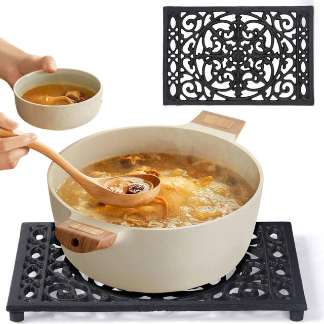 Notakia 9.6 x 6.3 Inch Cast Iron Trivet Set, Large Metal Trivets for Hot Dishes Pots Pans Decorative Kitchen Trivets, Heat-Resistant Trivet Mats for Quartz Countertops, Table Cooktop (Black, 2 Pack)