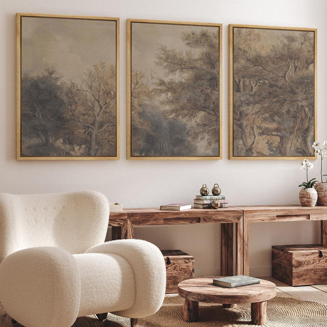 Vintage Forest Wall Art Set of 3 - Framed Landscape Canvas Prints, Neutral Woodland Triptych, Rustic Nature Decor for Living Room or Study