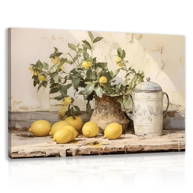 LLEEMPI Framed Vintage Lemon Wall Art, Country Botanical Wall Decor, Yellow Fruit Still Life Canvas Painting, Rustic Farmhouse Poster Print for Kitchen Living Room Bathroom Bedroom 12x16 Inch