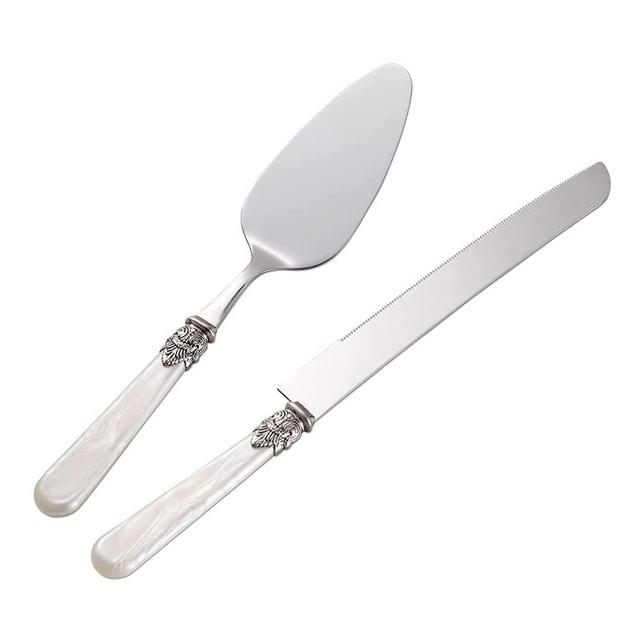 CATHYLIN Wedding Cake Knife and Serve Set, Fancy Hand Craft Italian Style Design, White Pearl Pie Knife Server Set, Vintage Silverware,Cake Cutter Set, Cake Knife Gift Set, 2 pcs