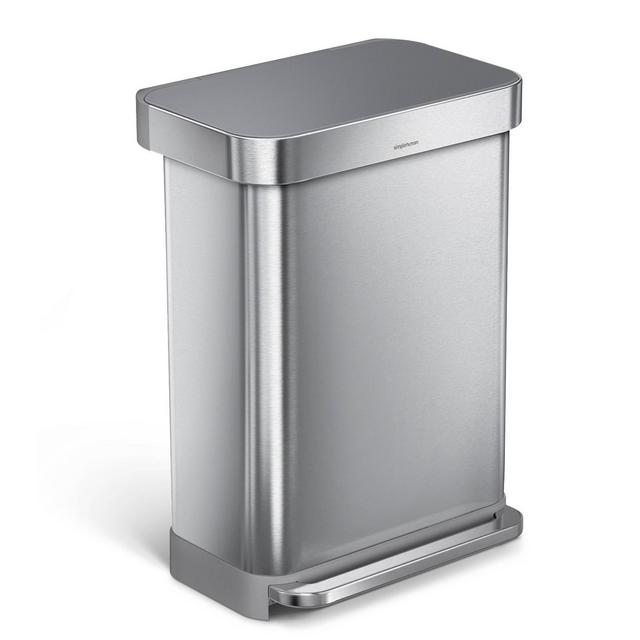 simplehuman 55L Rectangular Liner Rim Steel Step Trash Can with Gray Plastic Lid