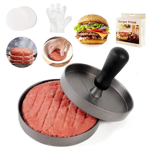 Gkotta Hamburger Press Patty Maker for 1/4 to 1/2 Lb Patty, Aluminum Non-Stick Burger Patty Press with 100 Sheets of Wax Paper and 20 Plastic Gloves, 4.5 Inch Diameter, Weight 8 oz