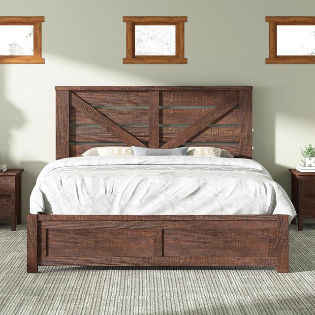 AMERLIFE Queen Size Farmhouse Bed Frame with 49.2" Barn Door Headboard, Platform Bed Frame with Wood Slats, Under Bed Storage Space, Noisy Free, Easy Assembly, Reclaimed Barnwood