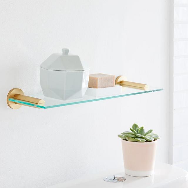 Modern Overhang Glass Bath Shelf, Single, Antique Brass, Metal, 18" Wide