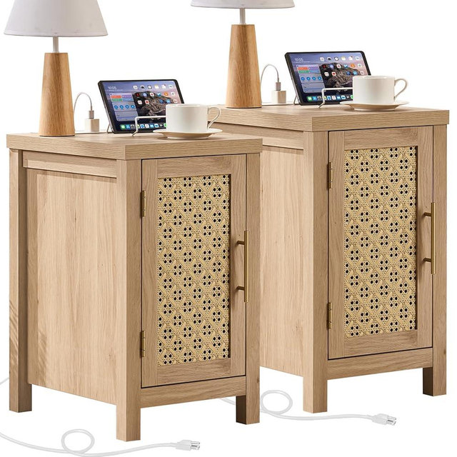 YUFAM Night Stand Set of 2 with Charger Station, Narrow Bedside Table with Woven Cane Door and Shelf, Boho Rattan Nightstand Storage Organizer Cabinet, Wood Side End Tables for Living Room Bedroom