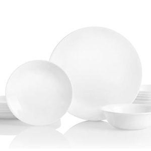 Corelle Vitrelle 18-Piece Service for 6 Dinnerware Set, Triple Layer Glass and Chip Resistant, Lightweight Round Plates and Bowls Set, Winter Frost White