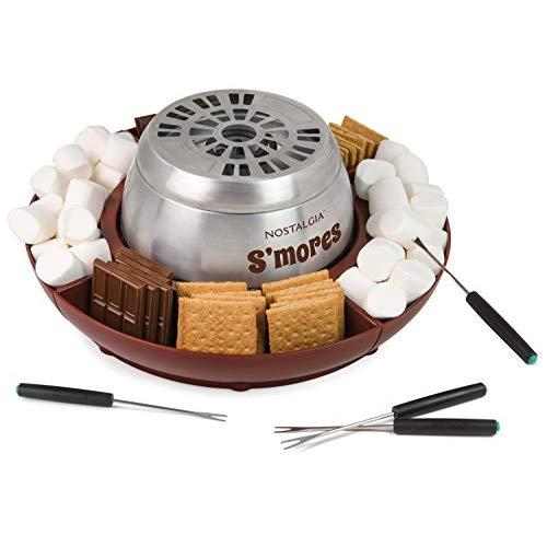 Nostalgia LSM400 Indoor Electric Stainless Steel S'mores Maker with 4 Lazy Susan Compartment Trays for Graham Crackers, Chocolate, Marshmallows and 4 Roasting Forks