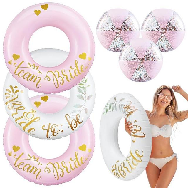 Relaxgiant 6 Pcs Bachelorette Pool Floats 36 Inch Team Bride Inflatable Ring Tubes 16 Inch Bride Beach Balls Pink and White Bachelorette Party Decorations for Bridal Shower Stagette Engagement Summer