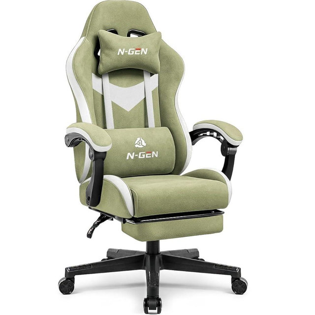 N-GEN GAMING Video Gaming Chair with Footrest Lumbar Support for Home Office High Back Recliner Height Adjustable Ergonomic Comfy Fabric Computer Desk Chair (Green)