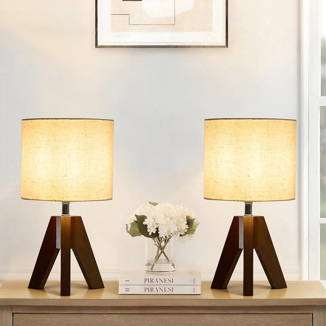 Booniture Set of 2 Tripod Table Lamps,Stepless Dimmable Small Bedside Lamps with Beige Linen Shade, Boho Modern Nightstand Lamps for Bedroom Living Room Office,E26 Socket(Walnut Color