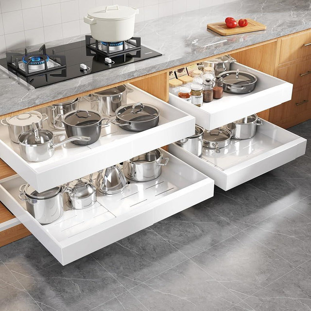 Seinloes 4 Pack Expandable Width (15.15"-26.3") Pull Out Cabinet Organizer 21" Deep with Raising Pad for Framed Cabinets, Upgrade 3 Slide Rails Slide Out Drawers, Roll Out Shelves Adhesive, White