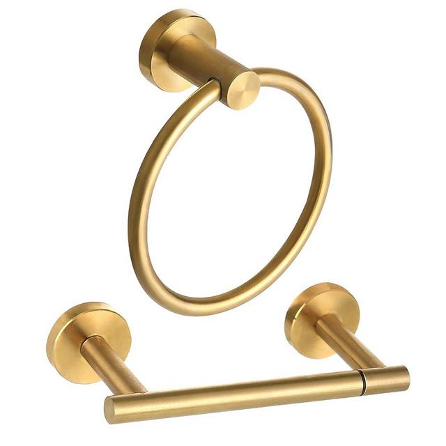 Ntipox Brushed Gold Toilet Paper Holder Set, Stainless Steel Towel Ring, Double Post Pivoting Toilet Paper Holder and Hand Towel Holder Set for Bathroom