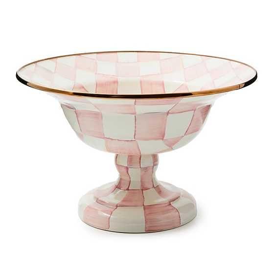 MACKENZIE-CHILDS Enamel Compote, Cute Enamel Pedestal Serving Dish or Decorative Bowl, Large, Pink-and-White Rosy Check