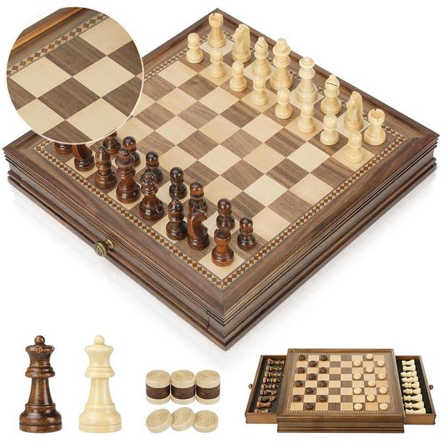 Peradix Magnetic Chess Checkers Board Sets with 2 Built-in Storage Drawers,12.8" Classic 2 in 1 Wooden Games with 2 Extra Queens for Kids and Adults, Travel Portable Chess Game Set