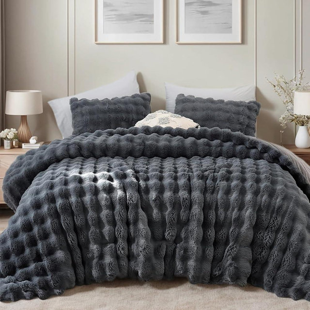 YIKUSH Dark Gray Comforter Set Queen – Ultra Soft & Warm Faux Fur Comforter for Winter, Elegant Fluffy Comforter Queen Set with Pillowcases, Cozy Gray Queen Bedding Set
