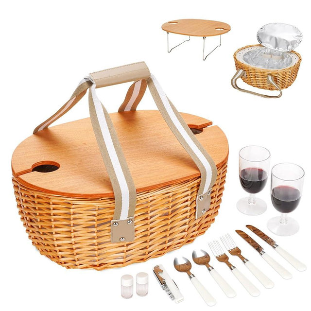 STBoo Picnic Basket for 2 - Wicker Picnic Set with Wine Table | Willow Basket Kit with Insulated Cooler Bag for Camping, Outdoor, Christmas, Party(Beige)