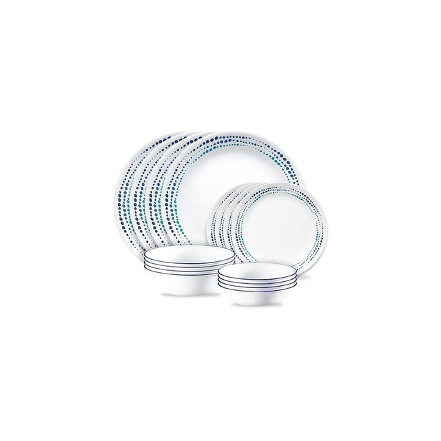 Corelle Ocean Blues 16pc Dinnerware Set, 8 Plates, 8 Bowls, Chip & Break Resistant, Dinner Plates and Bowls, Corelleware, White
