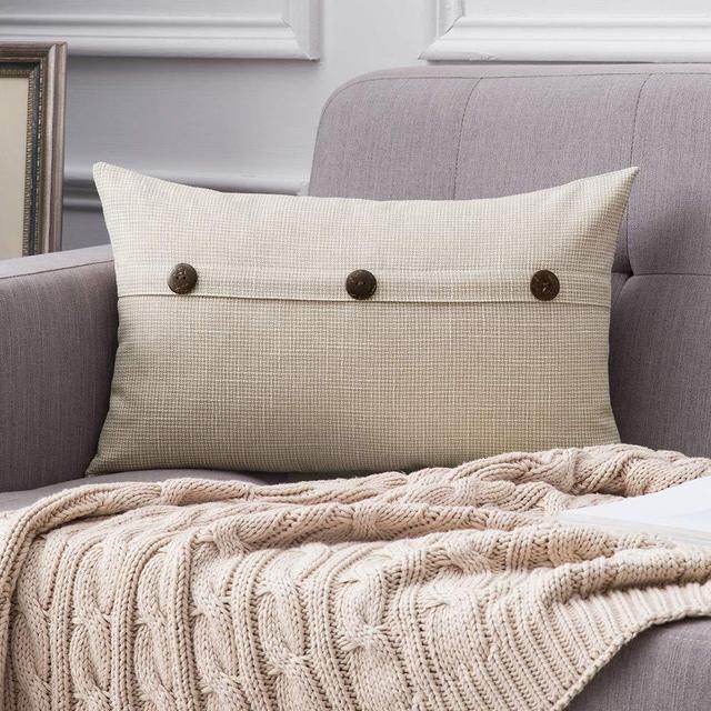 MIULEE Decorative Linen Throw Pillow Cover Cushion Case Triple Button Vintage Farmhouse Pillowcase for Couch Sofa Bed 12 x 20 Inch 30 x 50 cm Beige