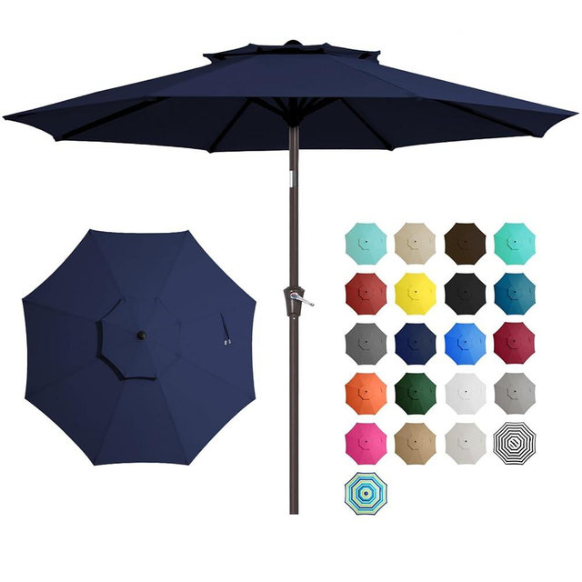 JEAREY 9 ft 2-Tiers Patio Umbrellas Outdoor Table Market Umbrella w/Push Button Tilt/Crank, 8 Sturdy Ribs, UV Protection Waterproof Sunproof(Navy Blue)