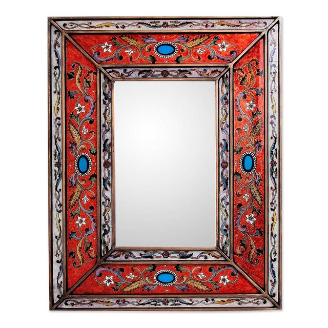 NOVICA Artisan Handmade Mirror Rectangular Reverse Painted Glass Wall from Peru Orange Woodglass Decor Mirrors Floral Hacienda Traditional [frame 25.5in H x 19.75in W x 1in D Mirror 8.5in W x 14.5in ]