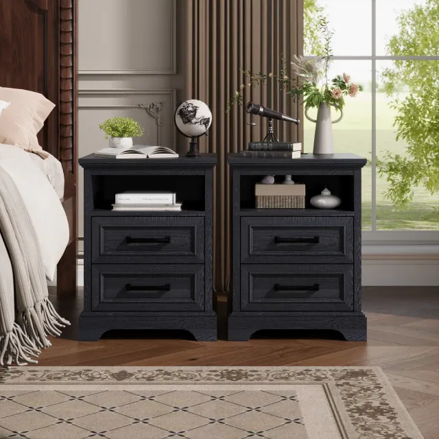 18" Farmhouse Nightstand Set of 2 with Charging Station, End Table with 2 Drawers Storage for Bedroom, Living Room, Black